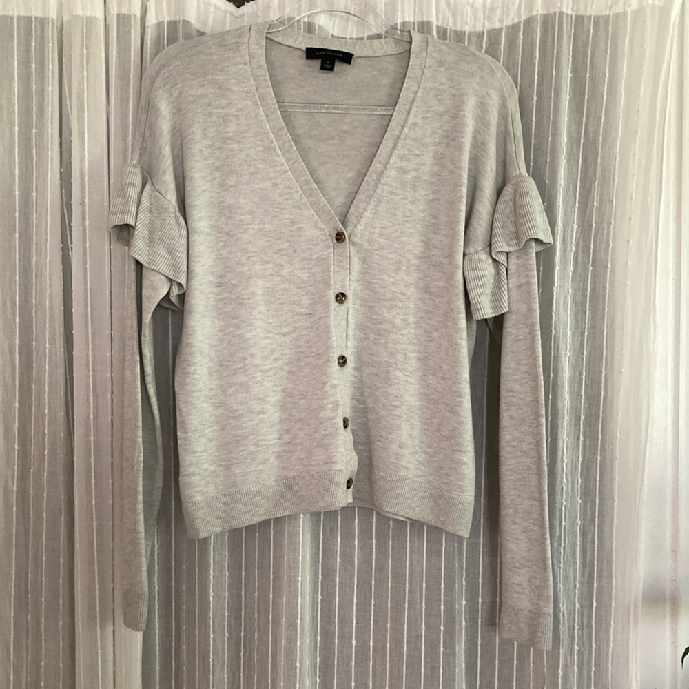 Ann Taylor. Heather Grey Ruffled-Sleeve Button Down Cardigan